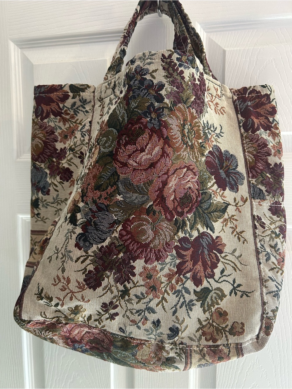 Hand Crafted Floral Tapestry Tote in Cream, Rose, Green and Blue